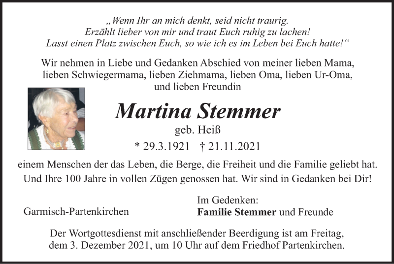  Traueranzeige für Martina Stemmer vom 27.11.2021 aus merkurtz