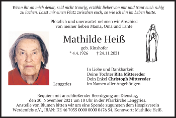 Traueranzeige von Mathilde Heiß von merkurtz