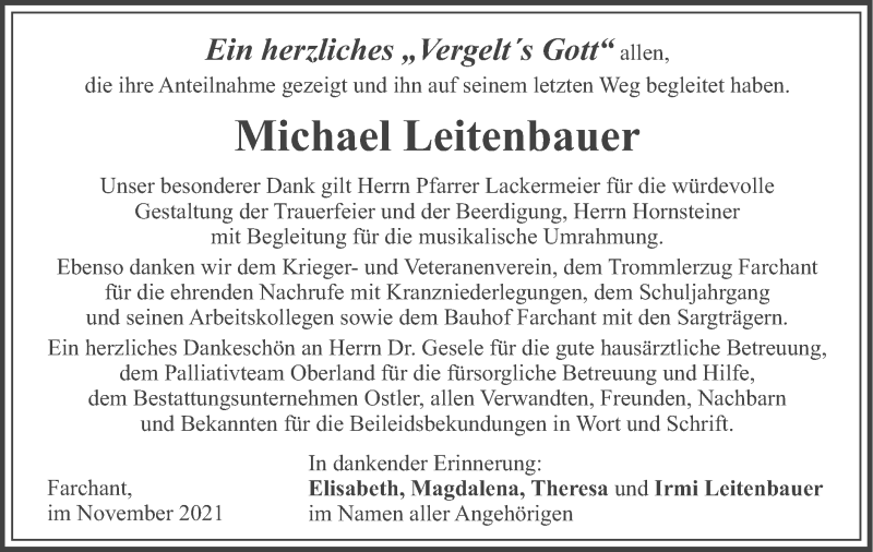  Traueranzeige für Michael Leitenbauer vom 27.11.2021 aus merkurtz