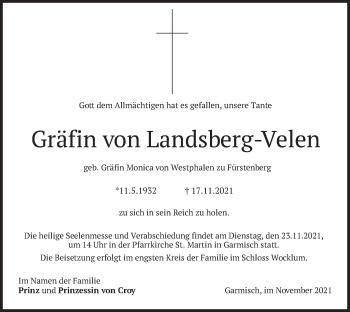 Traueranzeige von Monica Gräfin von Landsberg-Velen von merkurtz