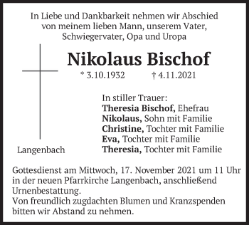 Traueranzeige von Nikolaus Bischof von merkurtz
