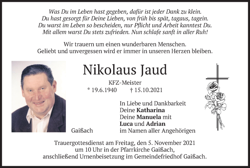  Traueranzeige für Nikolaus Jaud vom 02.11.2021 aus merkurtz