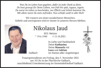 Traueranzeige von Nikolaus Jaud von merkurtz