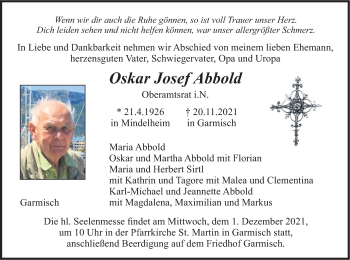Traueranzeige von Oskar Josef Abbold von merkurtz
