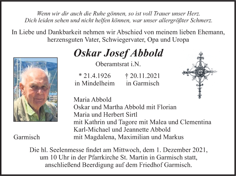  Traueranzeige für Oskar Josef Abbold vom 27.11.2021 aus merkurtz