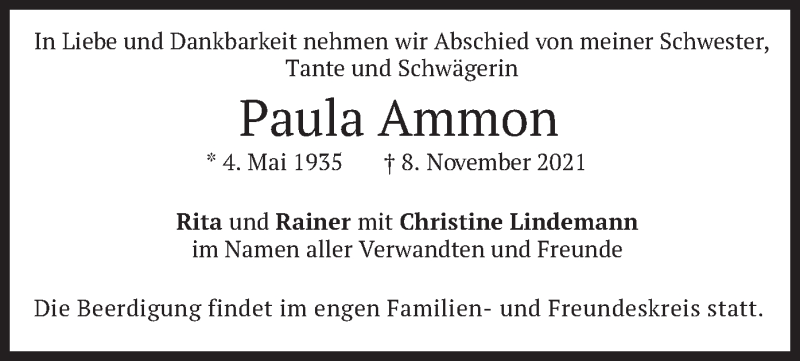  Traueranzeige für Paula Ammon vom 13.11.2021 aus merkurtz