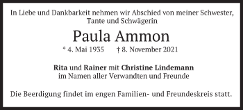 Traueranzeige von Paula Ammon von merkurtz