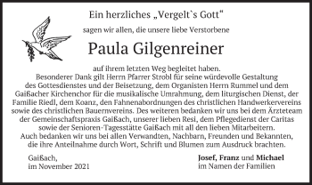 Traueranzeige von Paula Gilgenreiner von merkurtz