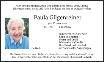 Traueranzeige von Paula Gilgenreiner von merkurtz