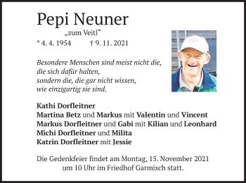 Traueranzeige von Pepi Neuner von merkurtz