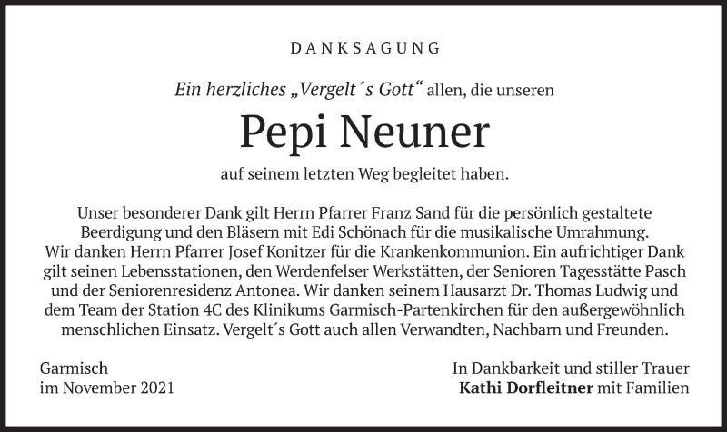  Traueranzeige für Pepi Neuner vom 20.11.2021 aus merkurtz