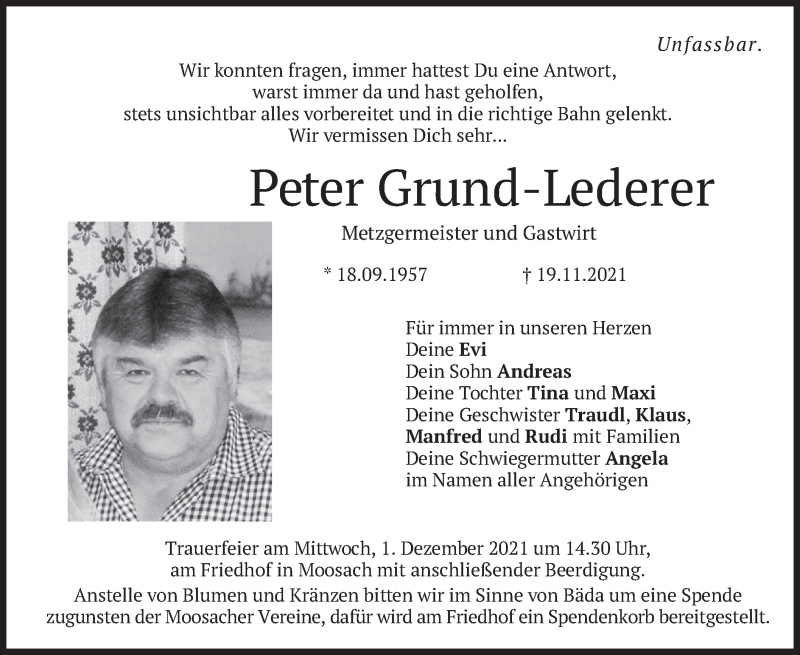  Traueranzeige für Peter Grund-Lederer vom 27.11.2021 aus merkurtz
