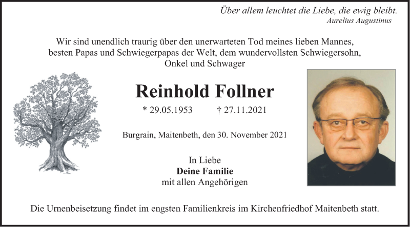  Traueranzeige für Reinhold Follner vom 30.11.2021 aus merkurtz