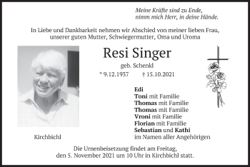 Traueranzeige von Resi Singer von merkurtz