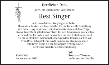 Traueranzeige von Resi Singer von merkurtz