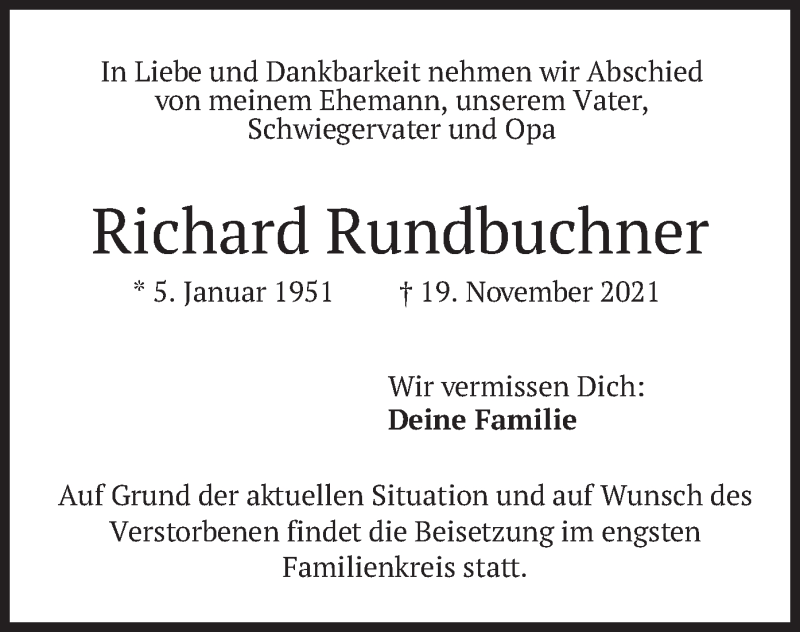  Traueranzeige für Richard Rundbuchner vom 27.11.2021 aus merkurtz