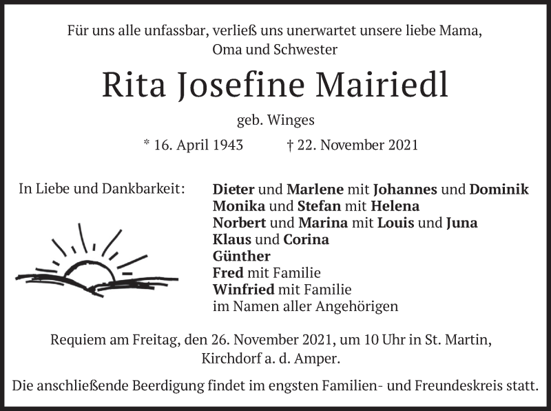  Traueranzeige für Rita Josefine Mairiedl vom 25.11.2021 aus merkurtz