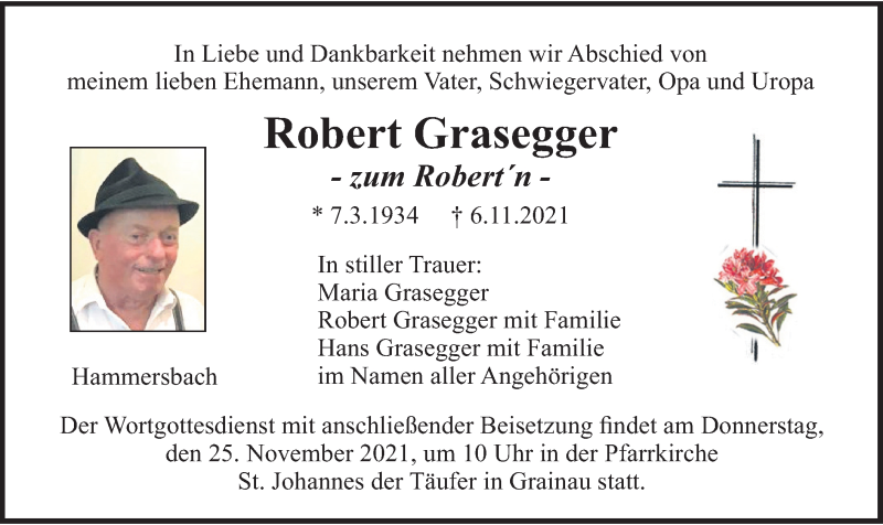  Traueranzeige für Robert Grasegger vom 20.11.2021 aus merkurtz