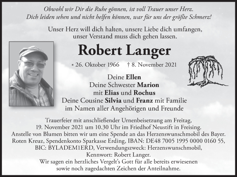  Traueranzeige für Robert Langer vom 13.11.2021 aus merkurtz