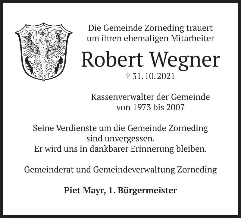  Traueranzeige für Robert Wegner vom 18.11.2021 aus merkurtz