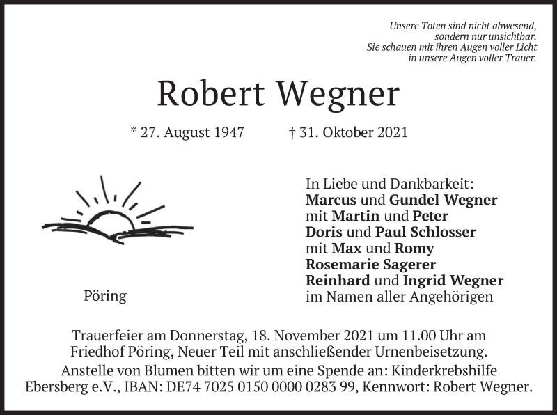  Traueranzeige für Robert Wegner vom 13.11.2021 aus merkurtz