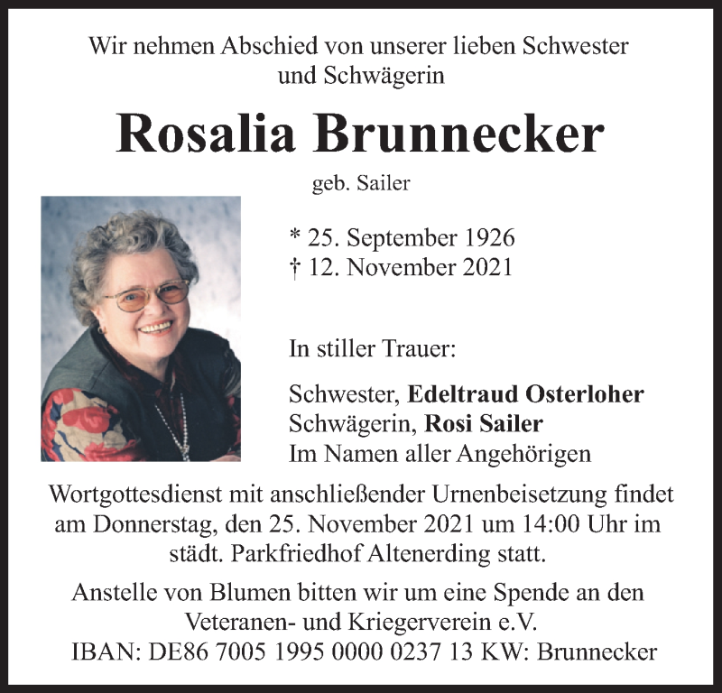  Traueranzeige für Rosalia Brunnecker vom 20.11.2021 aus merkurtz