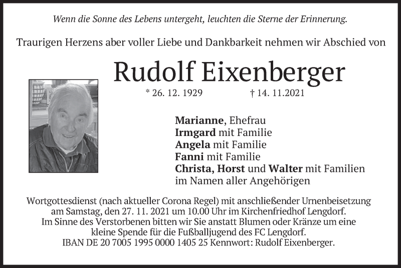  Traueranzeige für Rudolf Eixenberger vom 20.11.2021 aus merkurtz