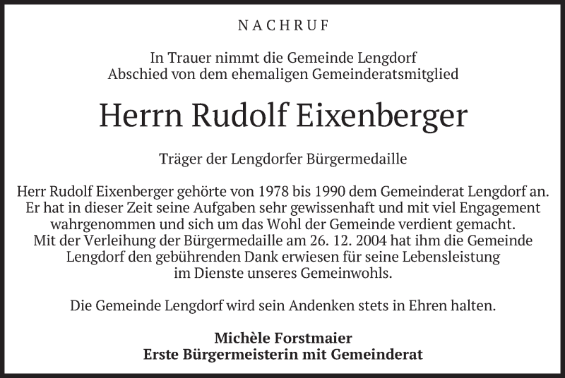  Traueranzeige für Rudolf Eixenberger vom 25.11.2021 aus merkurtz