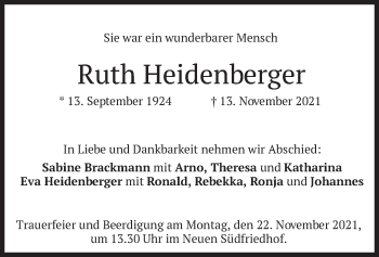Traueranzeige von Ruth Heidenberger von merkurtz