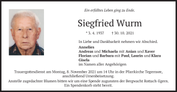 Traueranzeige von Siegfried Wurm von merkurtz