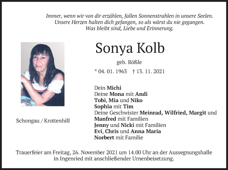  Traueranzeige für Sonya Kolb vom 23.11.2021 aus merkurtz