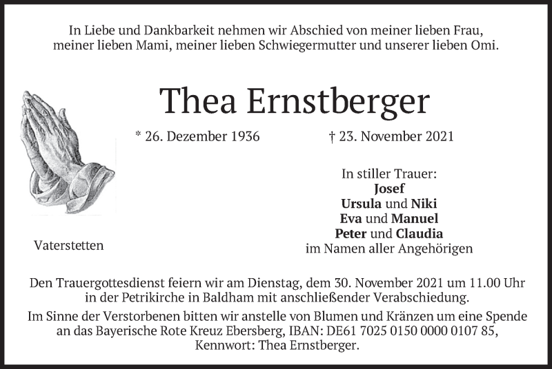  Traueranzeige für Thea Ernstberger vom 27.11.2021 aus merkurtz