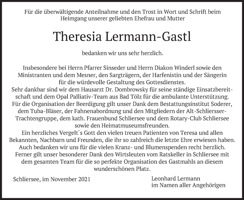  Traueranzeige für Theresia Lermann-Gastl vom 13.11.2021 aus merkurtz