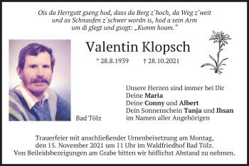 Traueranzeige von Valentin Klopsch von merkurtz