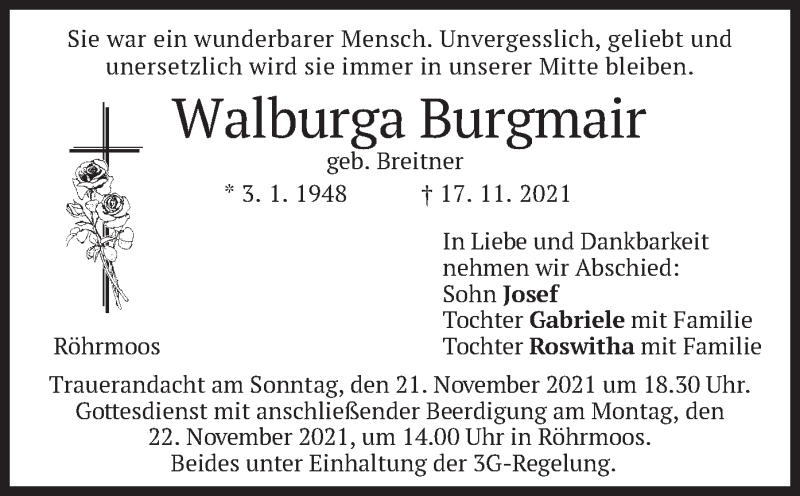  Traueranzeige für Walburga Burgmair vom 19.11.2021 aus merkurtz