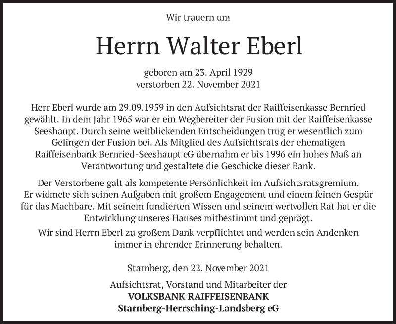  Traueranzeige für Walter Eberl vom 26.11.2021 aus merkurtz