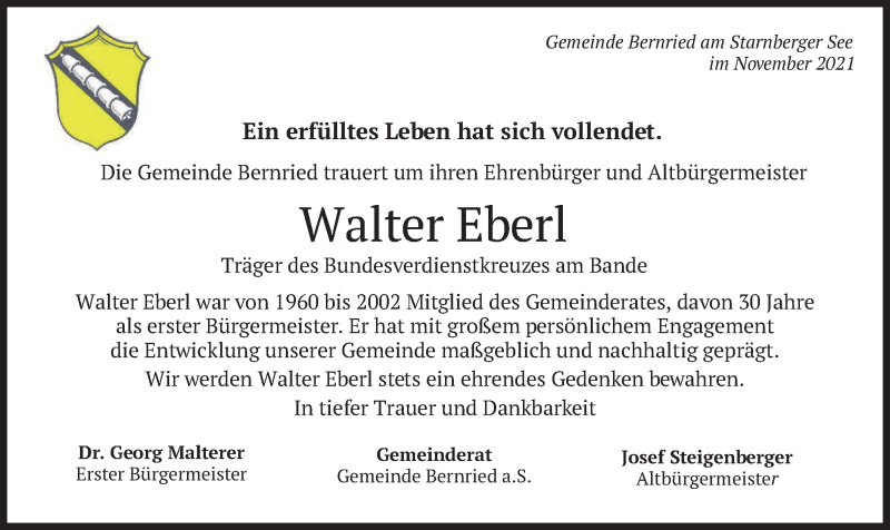  Traueranzeige für Walter Eberl vom 26.11.2021 aus merkurtz