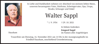 Traueranzeige von Walter Sappl von merkurtz