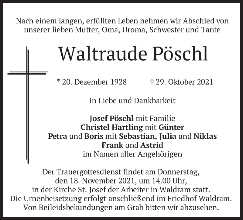  Traueranzeige für Waltraude Pöschl vom 13.11.2021 aus merkurtz