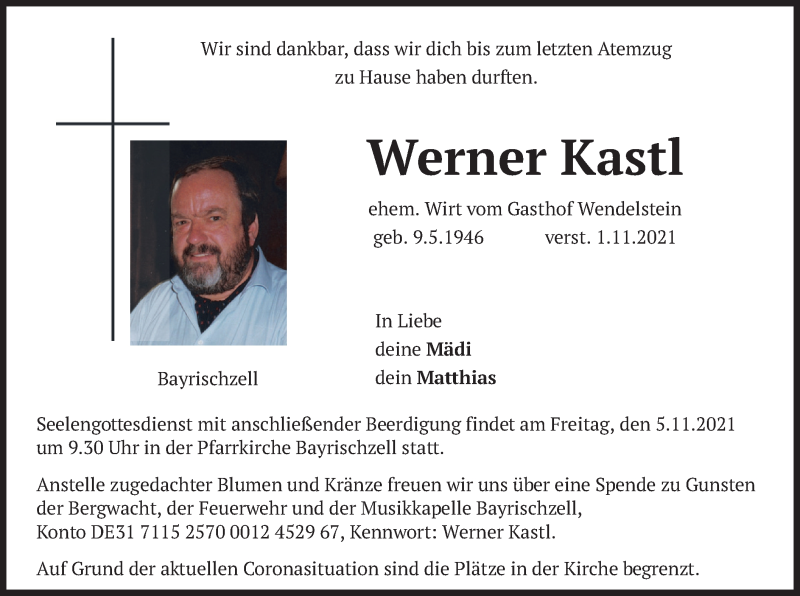  Traueranzeige für Werner Kastl vom 03.11.2021 aus merkurtz
