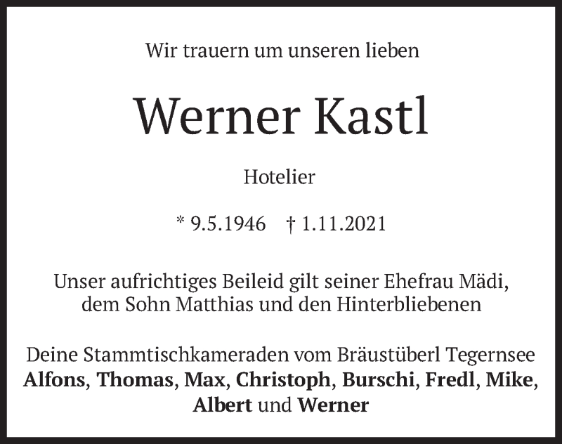 Traueranzeige für Werner Kastl vom 05.11.2021 aus merkurtz
