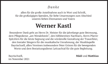 Traueranzeige von Werner Kastl von merkurtz