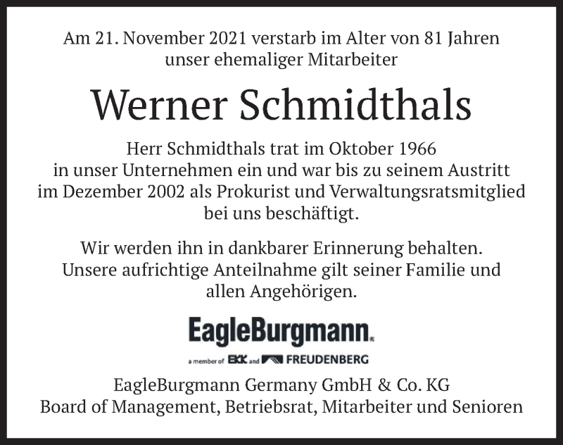  Traueranzeige für Werner Schmidthals vom 27.11.2021 aus merkurtz