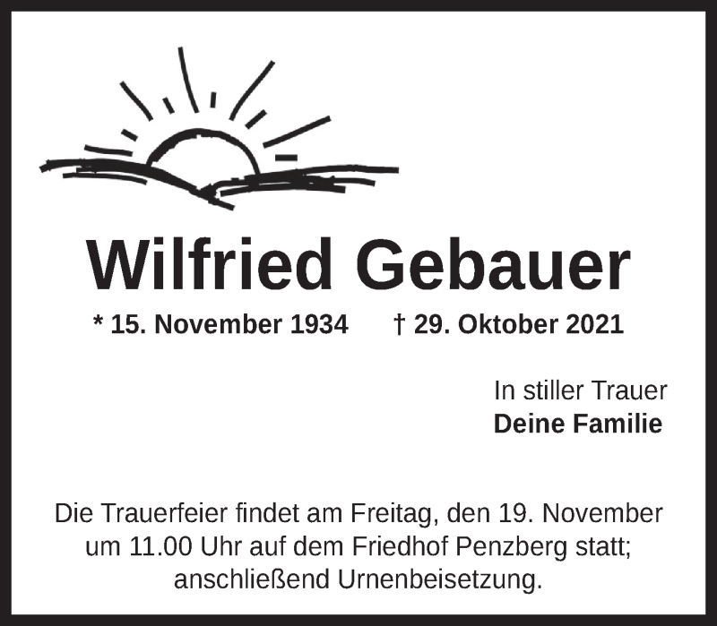  Traueranzeige für Wilfried Gebauer vom 13.11.2021 aus Das Gelbe Blatt Penzberg