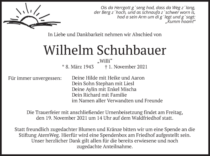  Traueranzeige für Wilhelm Schuhbauer vom 13.11.2021 aus merkurtz