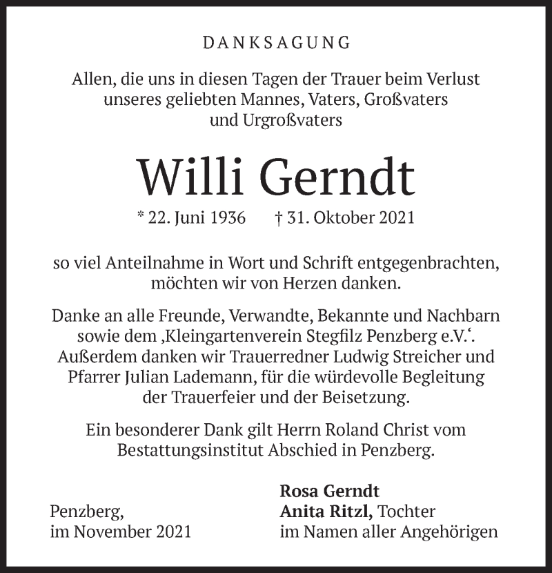  Traueranzeige für Willi Gerndt vom 27.11.2021 aus Das Gelbe Blatt Penzberg