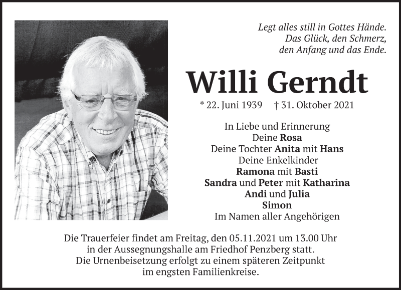  Traueranzeige für Willi Gerndt vom 03.11.2021 aus Das Gelbe Blatt Penzberg