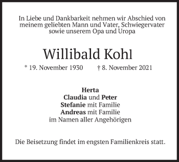 Traueranzeige von Willibald Kohl von merkurtz