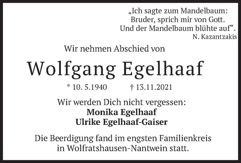  Traueranzeige für Wolfgang Egelhaaf vom 27.11.2021 aus merkurtz