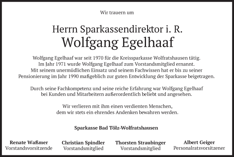  Traueranzeige für Wolfgang Egelhaaf vom 30.11.2021 aus merkurtz